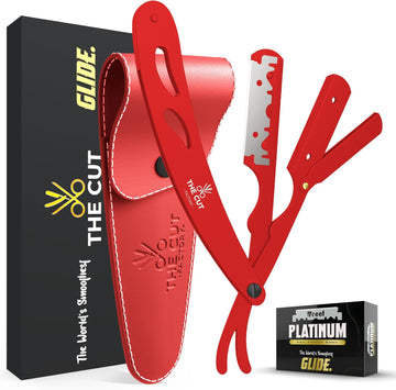 The Cut- Factory- Straight Razor with 20 Pack Platinum Treet Single Blade Razors for Men- Professional Barber Straight Edge Razor for Close Shaving 100 Percent Stainless Steel, Red